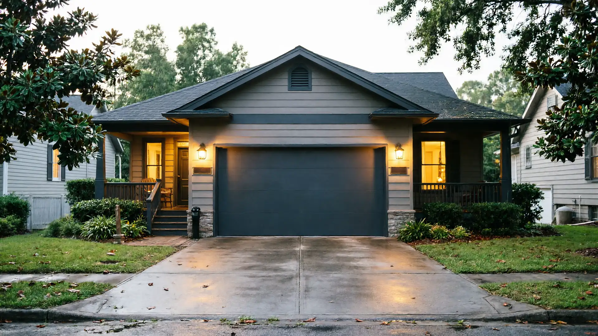 The house has a dark gray garage door, a driveway, and a front porch.