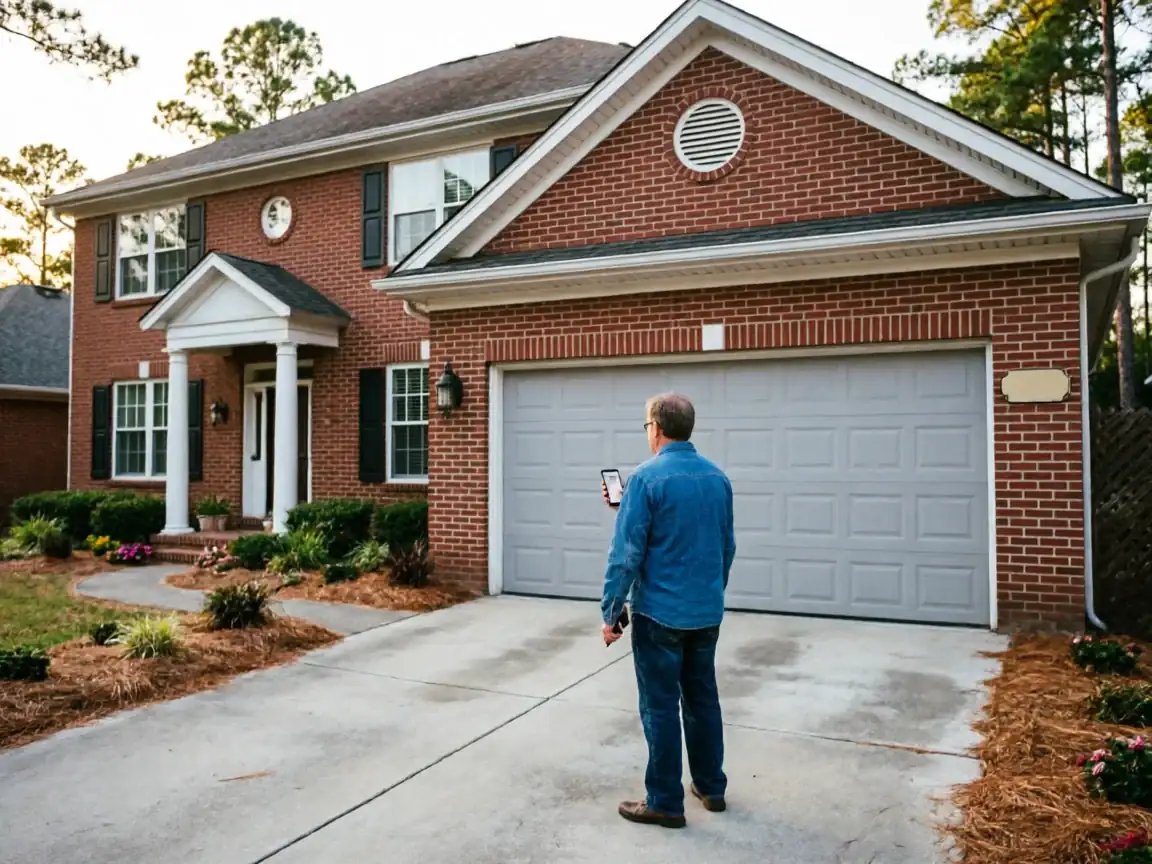 A man stands in a driveway holding a phone, facing a gray garage door.