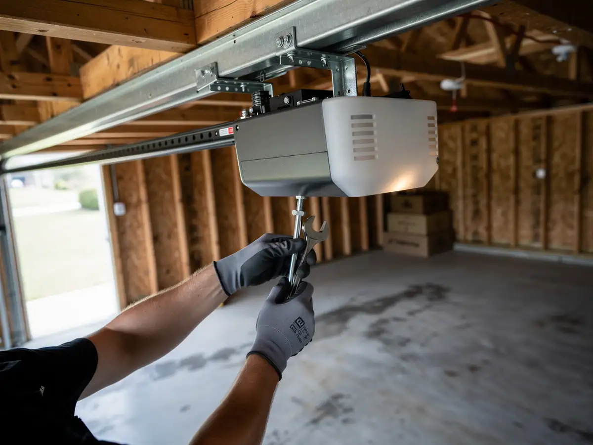 A technician in gray gloves adjusts a garage door opener with a wrench.